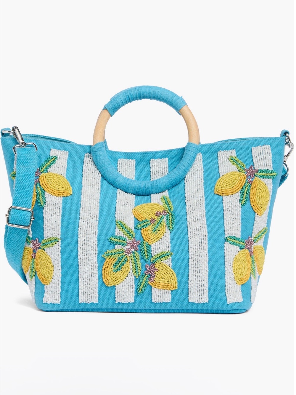 Collection XIIX Turquoise Beaded Lemon Stripe Tote Bag with Wood Round Handle